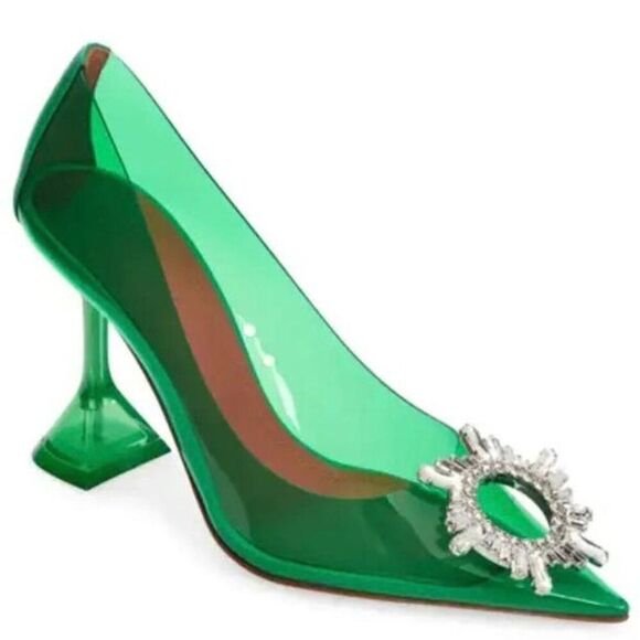 NWT AMINA MUADDI Begum Green Pointed Toe Crystal Brooch Glass Pumps Size… - Picture 3 of 16